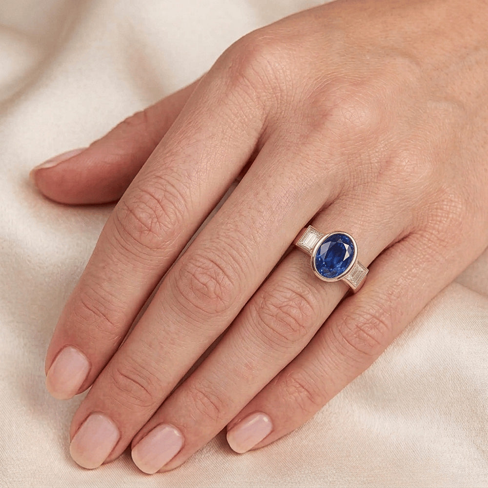 3.61 Ct Natural Earth Mined DIAMOND ( NOT LAB GROWN )s 3-Stone Sri Lanka Blue Sapphire Bezel Ring