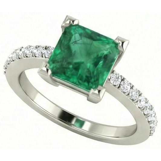 3.65 Ct Green Emerald With Natural Earth Mined Diamond Ring White Gold 14K