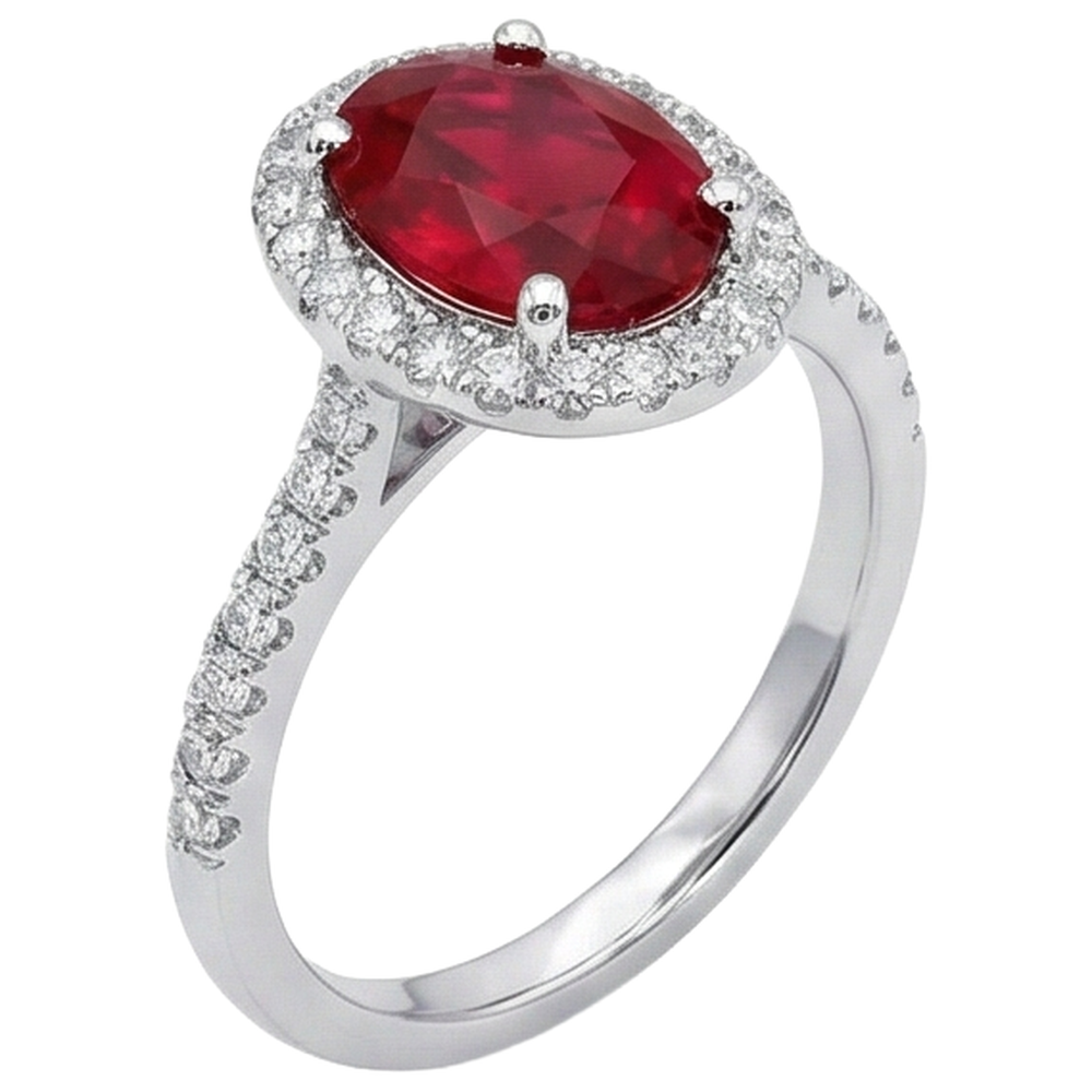 3.65 Ct Halo Red Ruby And Natural Earth Mined Diamonds Wedding Ring White Gold 14K
