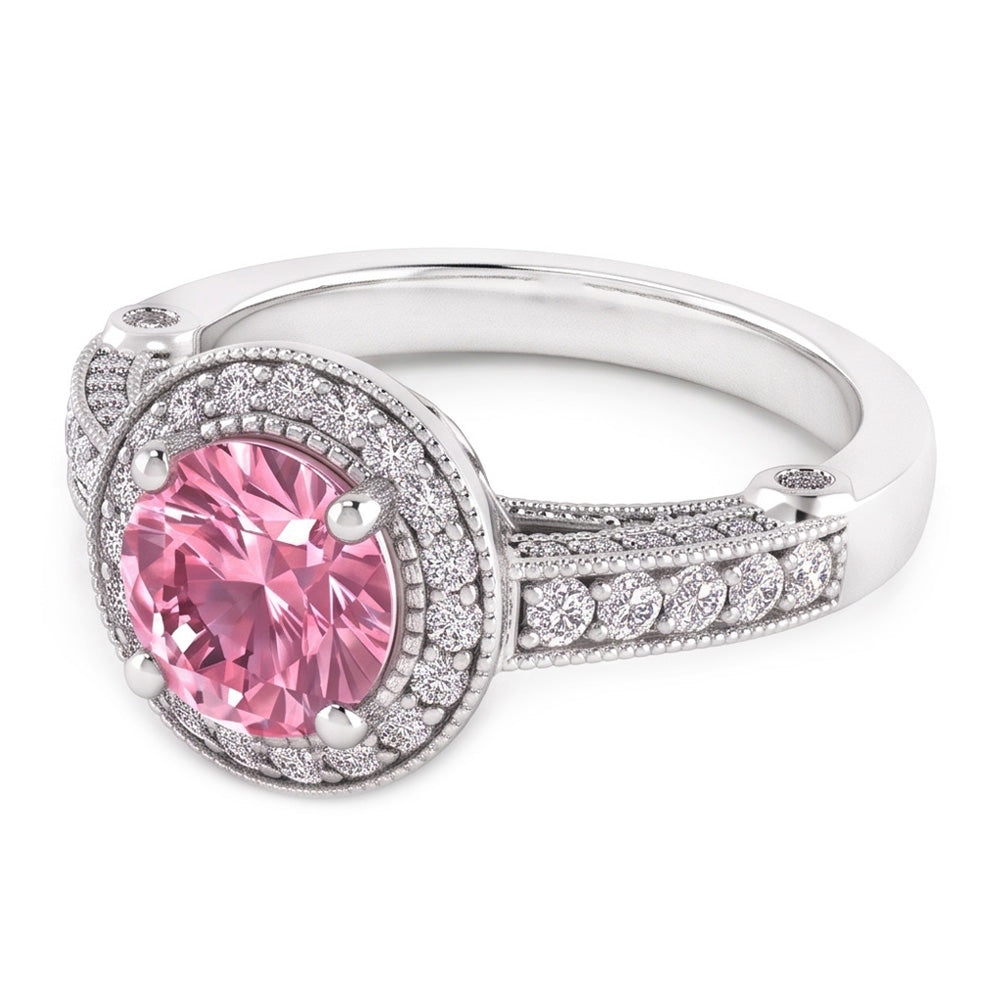 3.71 Carats Halo Pink Sapphire Solitaire With Accents Engagement Ring