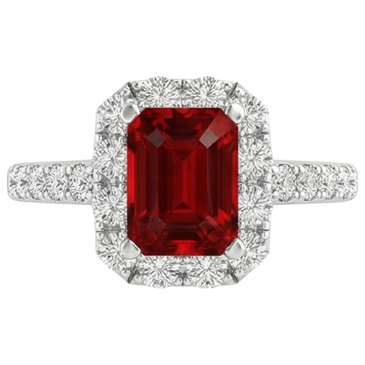 3.75 Carats Emerald Cut Ruby And Round Natural Earth Mined Diamonds Ring 14K White Gold