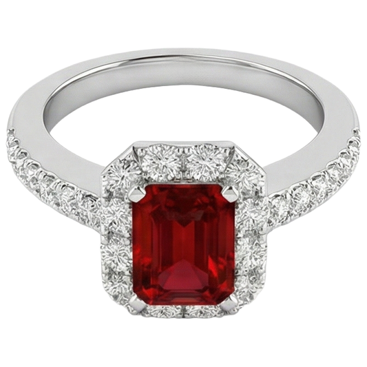 3.75 Carats Emerald Cut Ruby And Round Natural Earth Mined Diamonds Ring 14K White Gold