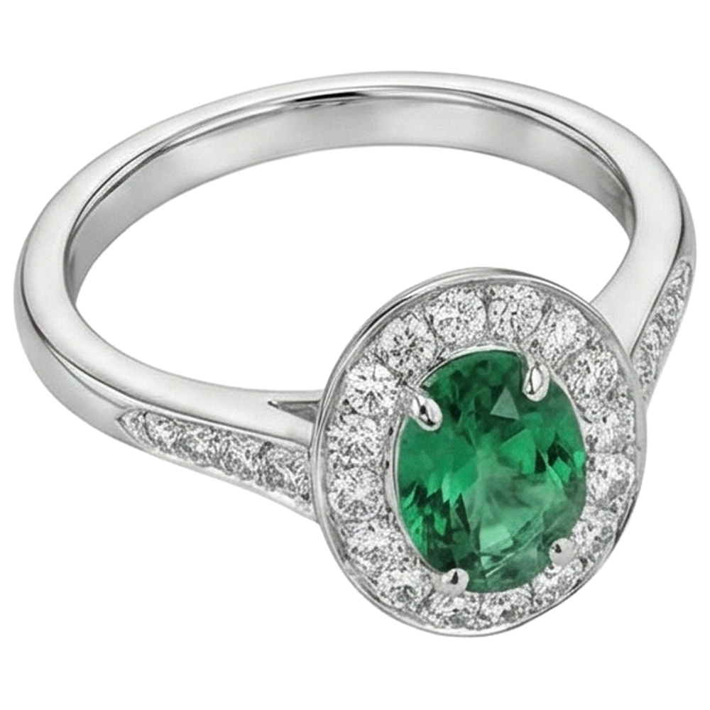 3.75 Carats Green Emerald And Natural Earth Mined Diamonds Engagement Ring White Gold 14K New