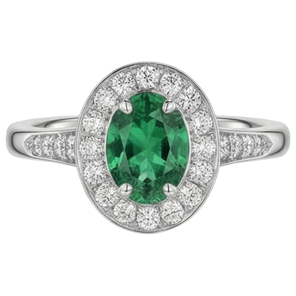 3.75 Carats Green Emerald And Natural Earth Mined Diamonds Engagement Ring White Gold 14K New