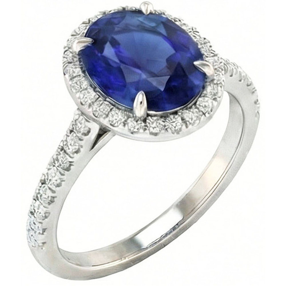3.75 Carats Oval Ceylon Sapphire With Round Natural Earth Mined DIAMOND ( NOT LAB GROWN )s Engagement Ring