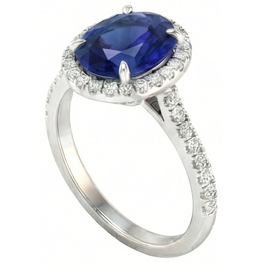 3.75 Carats Oval Ceylon Sapphire With Round Natural Earth Mined DIAMOND ( NOT LAB GROWN )s Engagement Ring