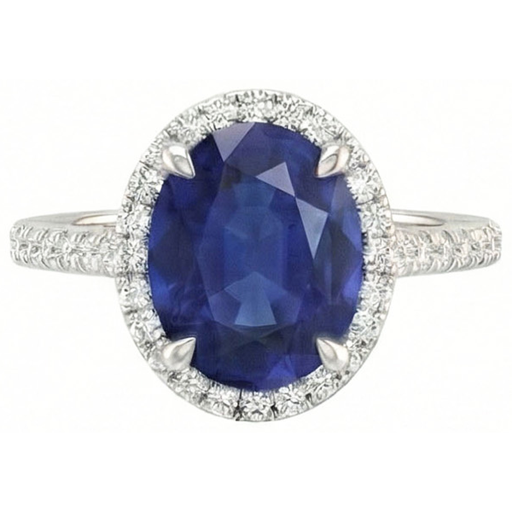 3.75 Carats Oval Ceylon Sapphire With Round Natural Earth Mined DIAMOND ( NOT LAB GROWN )s Engagement Ring