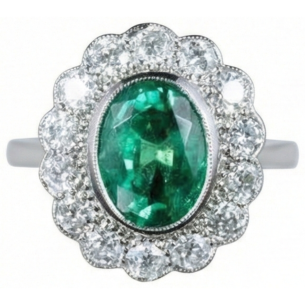3.75 Carats Oval Green Emerald With Natural Earth Mined Diamond Engagement Ring White Gold 14K