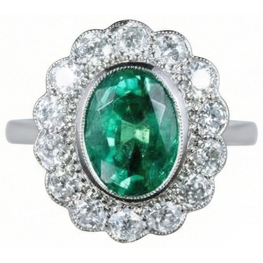 3.75 Carats Oval Green Emerald With Natural Earth Mined Diamond Engagement Ring White Gold 14K