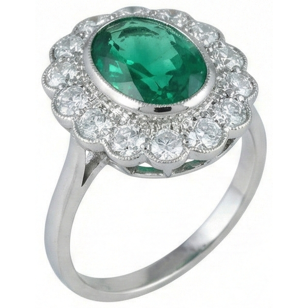3.75 Carats Oval Green Emerald With Natural Earth Mined Diamond Engagement Ring White Gold 14K