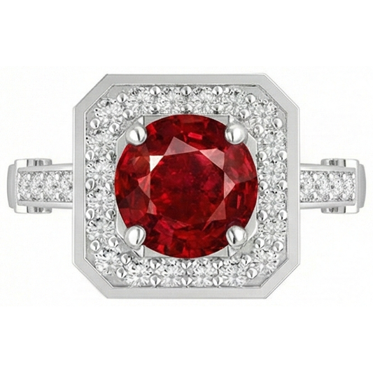 3.75 Carats Red Ruby And Natural Earth Mined Diamonds Ring White Gold 14K