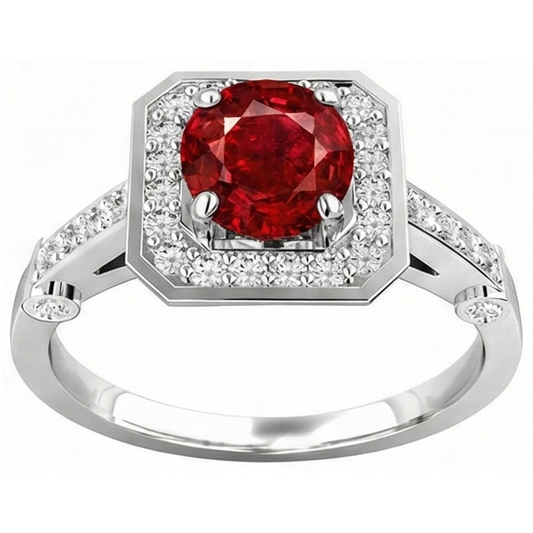 3.75 Carats Red Ruby And Natural Earth Mined Diamonds Ring White Gold 14K