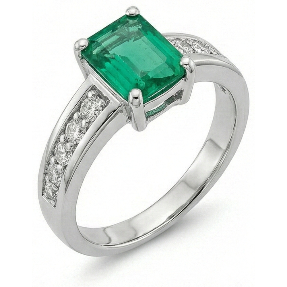 3.75 Ct Green Emerald And Natural Earth Mined DIAMOND ( NOT LAB GROWN ) Ring Solitaire With Accents