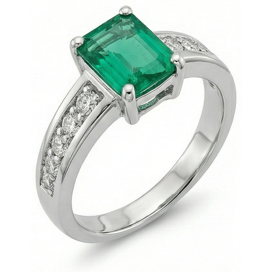 3.75 Ct Green Emerald And Natural Earth Mined DIAMOND ( NOT LAB GROWN ) Ring Solitaire With Accents