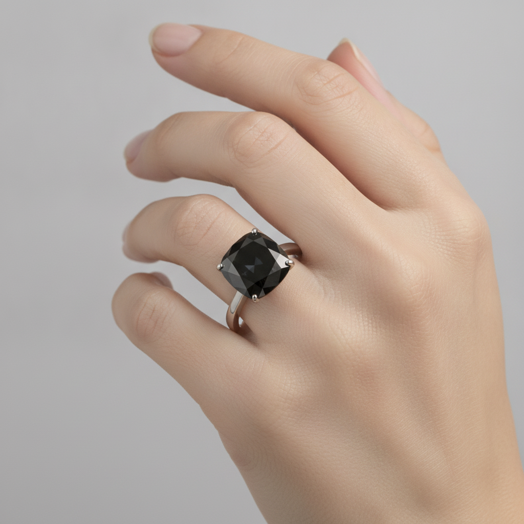 Black Diamond Ring 3.75 Carat Natural Cushion Solitaire 14K White Gold