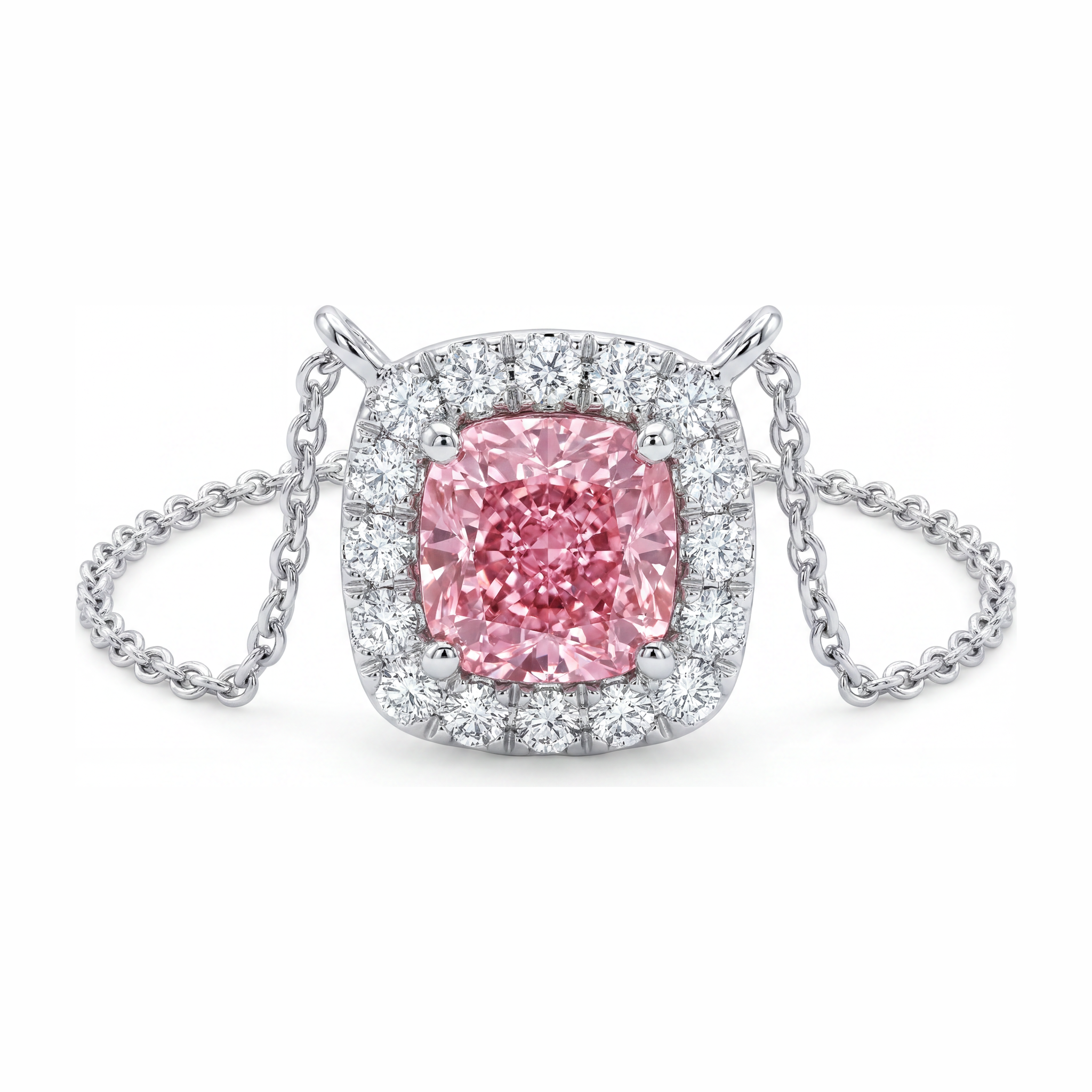 Pink Diamond Necklace 3.75 Carat Lab Grown Cushion Halo Pendant 14K White Gold
