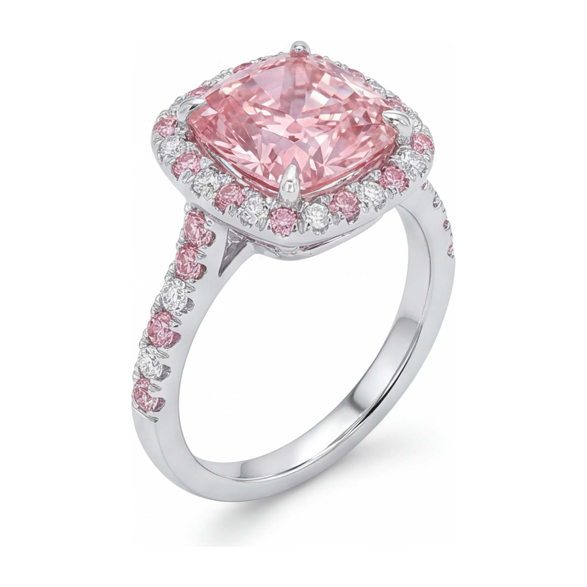 Lab Grown Pink Diamond 3.75 Carat Cushion Halo Ring 14K White Gold