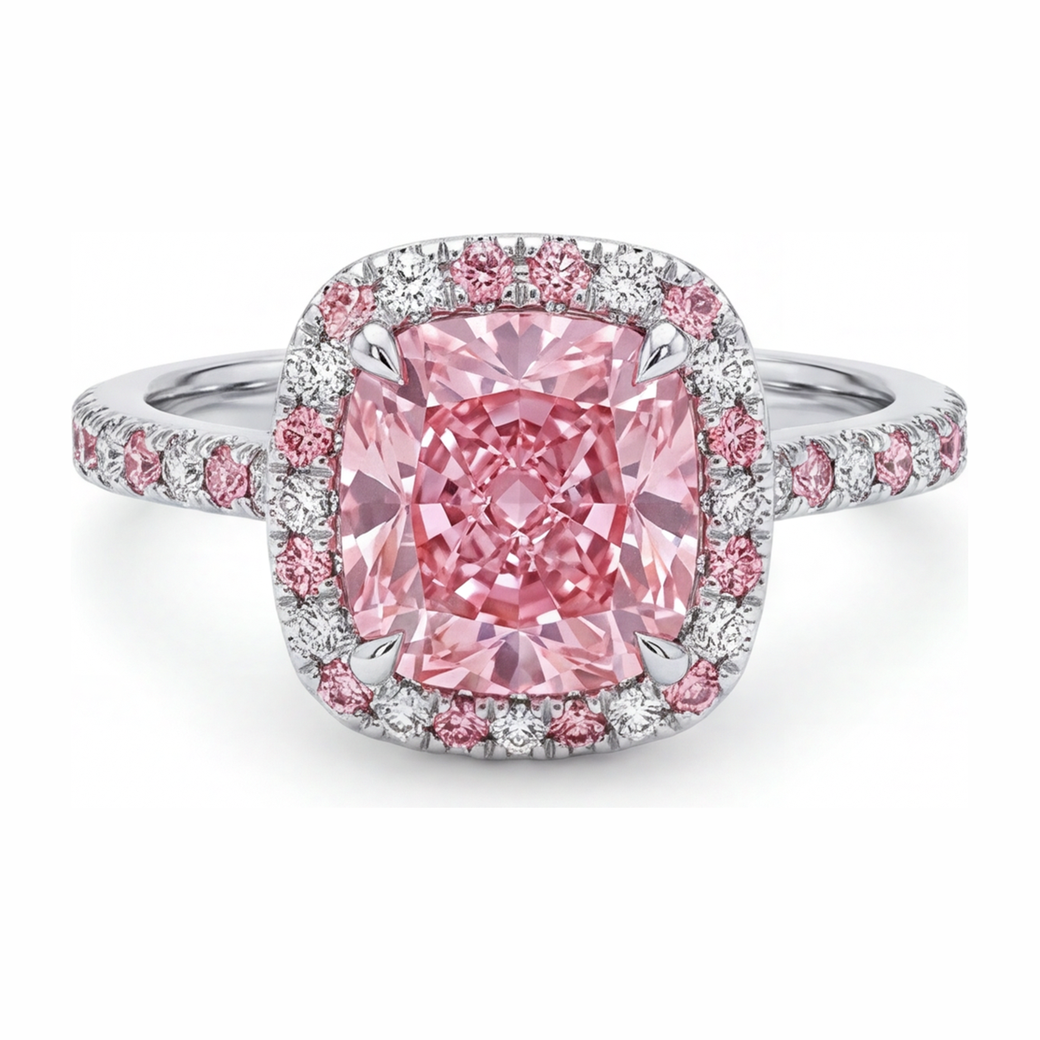 Lab Grown Pink Diamond 3.75 Carat Cushion Halo Ring 14K White Gold