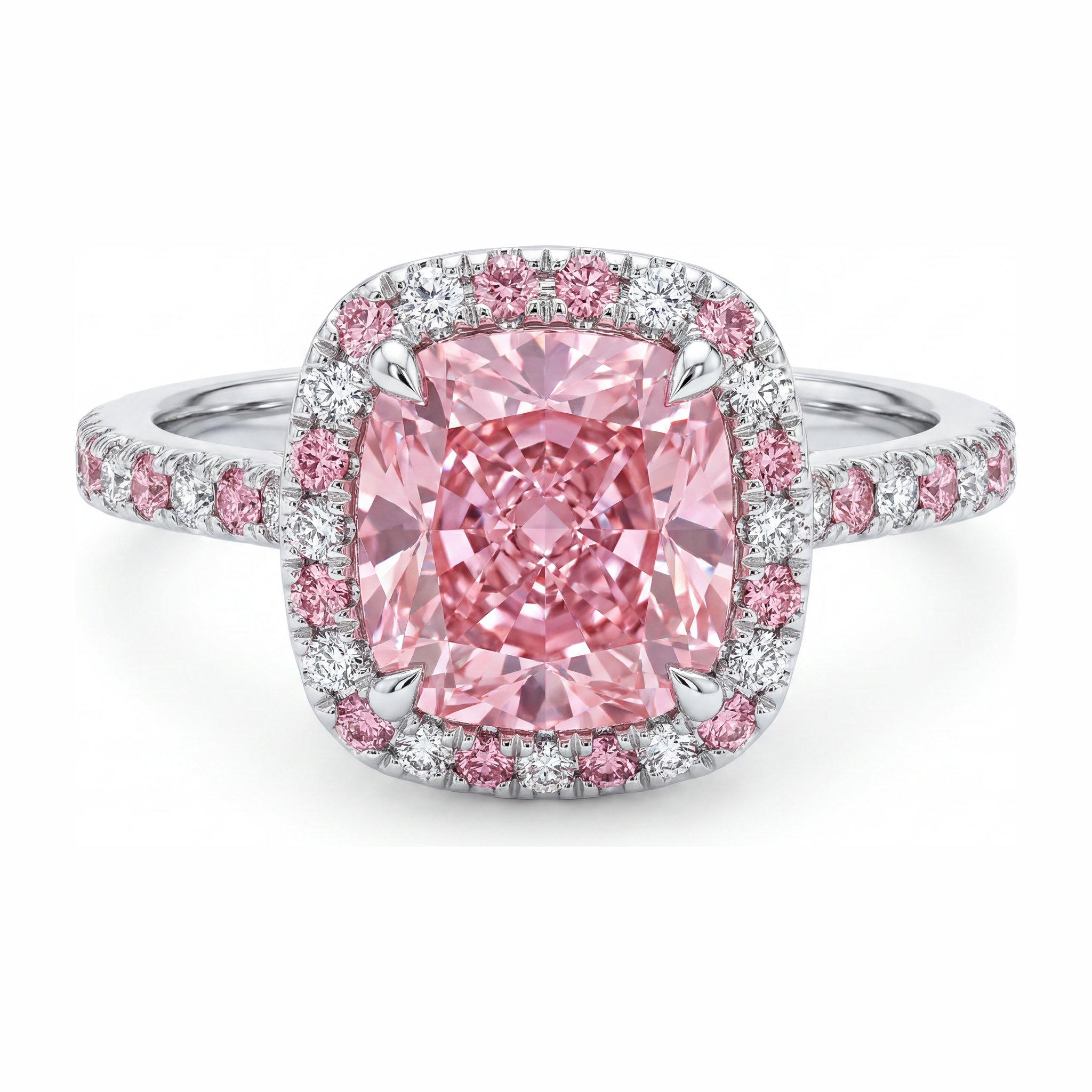 Lab Grown Pink Diamond 3.75 Carat Cushion Halo Ring 14K White Gold