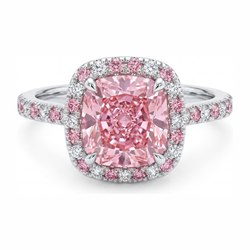 Lab Grown Pink Diamond 3.75 Carat Cushion Halo Ring 14K White Gold