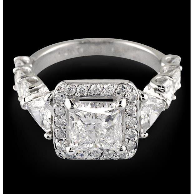 3 Carat Princess Center Halo Genuine Diamond Ring Solid White Gold 14K