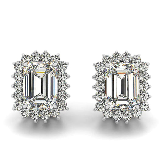 3 Carat Prong Set Emerald Halo Real Diamond Stud Earring White Gold