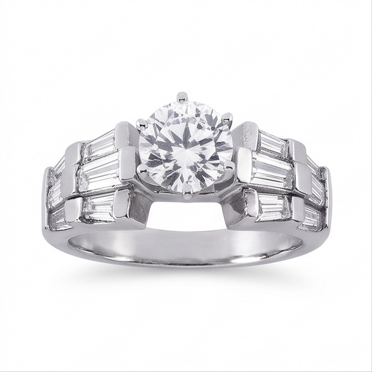 3 Carat Round and Baguettes Real Natural Earth Mined Diamond Anniversary Ring White Gold 14K