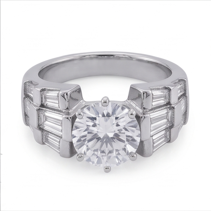 3 Carat Round and Baguettes Real Natural Earth Mined Diamond Anniversary Ring White Gold 14K