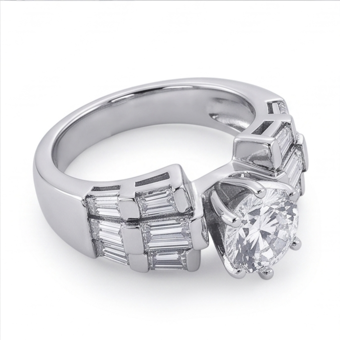 3 Carat Round and Baguettes Real Natural Earth Mined Diamond Anniversary Ring White Gold 14K