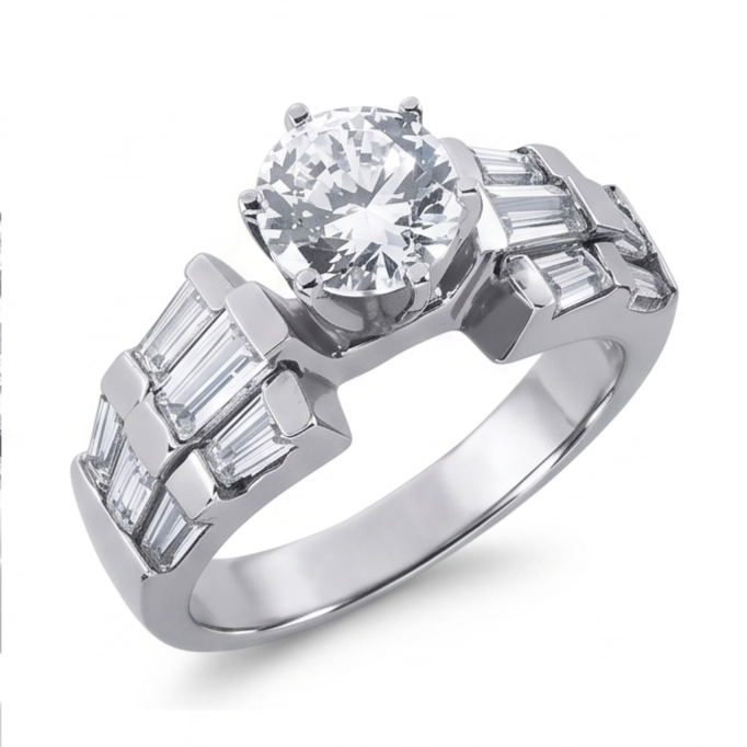 3 Carat Round and Baguettes Real Natural Earth Mined Diamond Anniversary Ring White Gold 14K