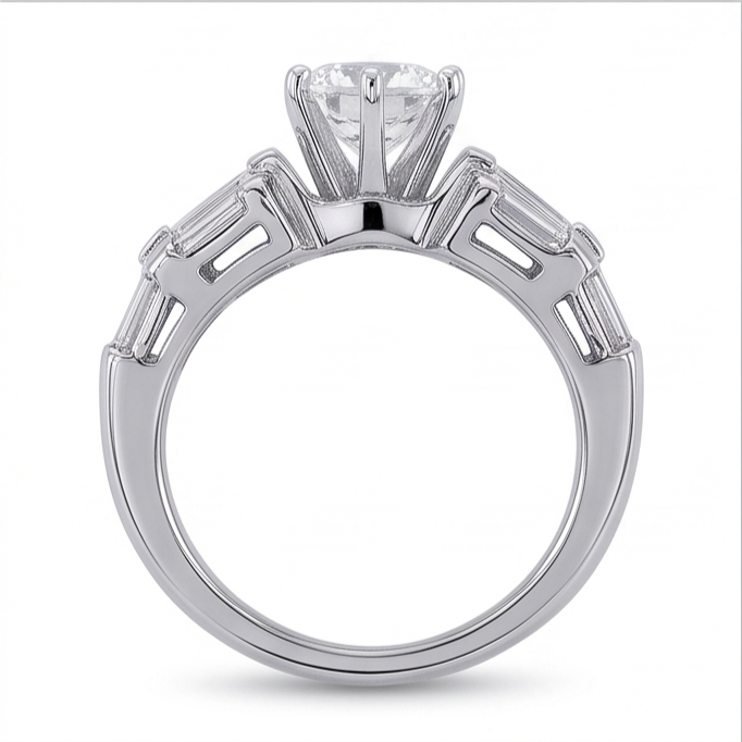 3 Carat Round and Baguettes Real Natural Earth Mined Diamond Anniversary Ring White Gold 14K