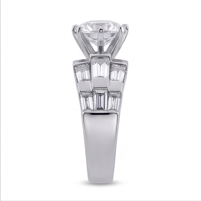 3 Carat Round and Baguettes Real Natural Earth Mined Diamond Anniversary Ring White Gold 14K