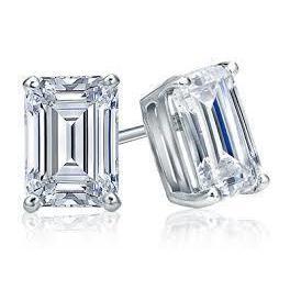 3 Carats 14K White Gold Real Emerald Cut Diamond Women Stud Earring
