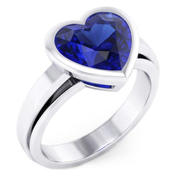 3 Carats Blue Sapphire Solitaire Ring Heart Shaped Bezel Set Gold 14K