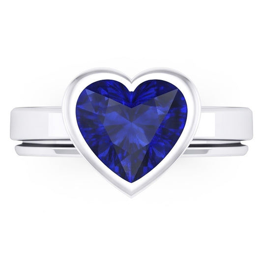 3 Carats Blue Sapphire Solitaire Ring Heart Shaped Bezel Set Gold 14K