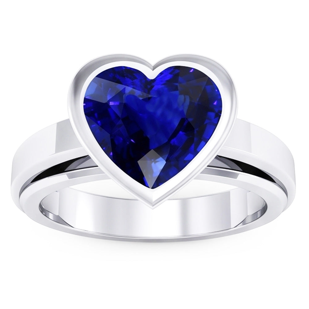 3 Carats Blue Sapphire Solitaire Ring Heart Shaped Bezel Set Gold 14K