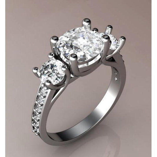 3 Carats Cushion Cut Natural Diamond 3 Stone Style Wedding Ring White Gold