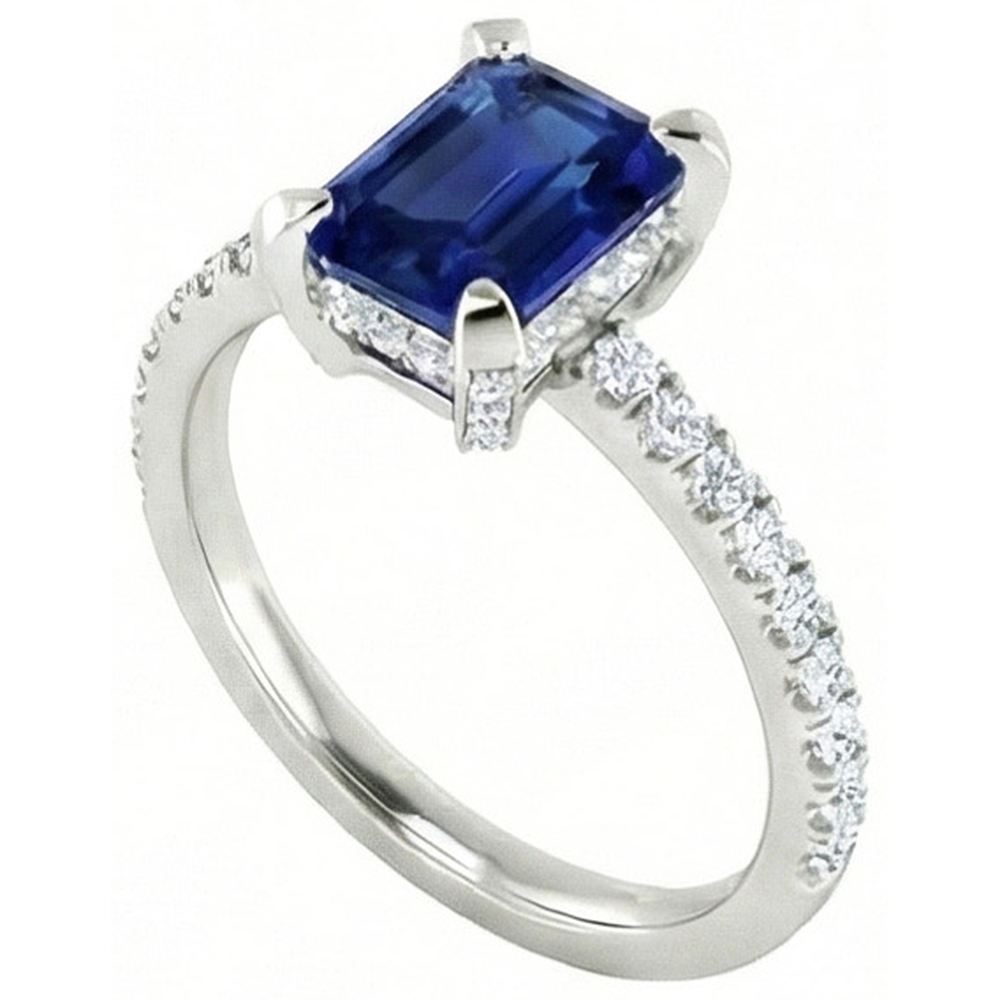 3 Carats Emerald And Round Ceylon Sapphire Natural Earth Mined DIAMOND ( NOT LAB GROWN ) Ring Prong Set