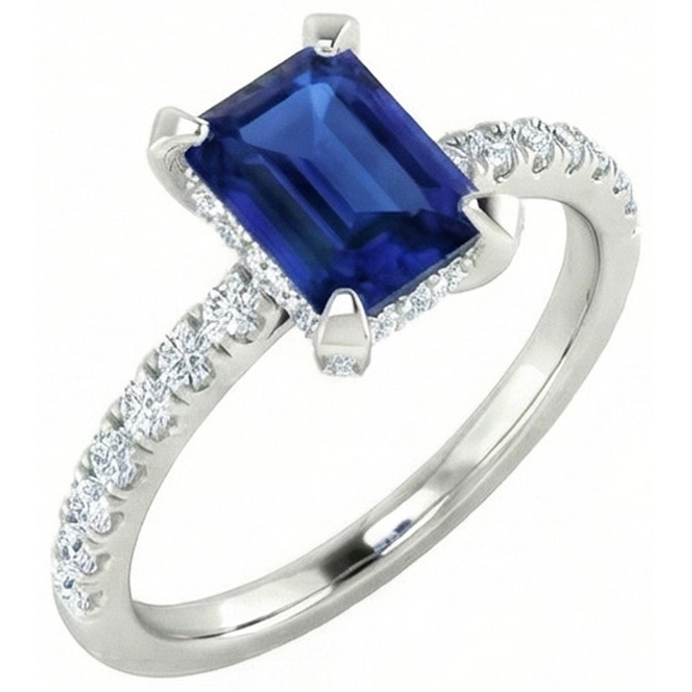 3 Carats Emerald And Round Ceylon Sapphire Natural Earth Mined DIAMOND ( NOT LAB GROWN ) Ring Prong Set