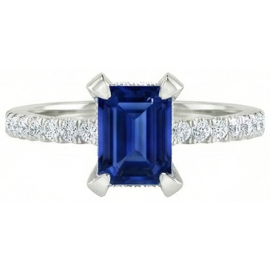 3 Carats Emerald And Round Ceylon Sapphire Natural Earth Mined DIAMOND ( NOT LAB GROWN ) Ring Prong Set