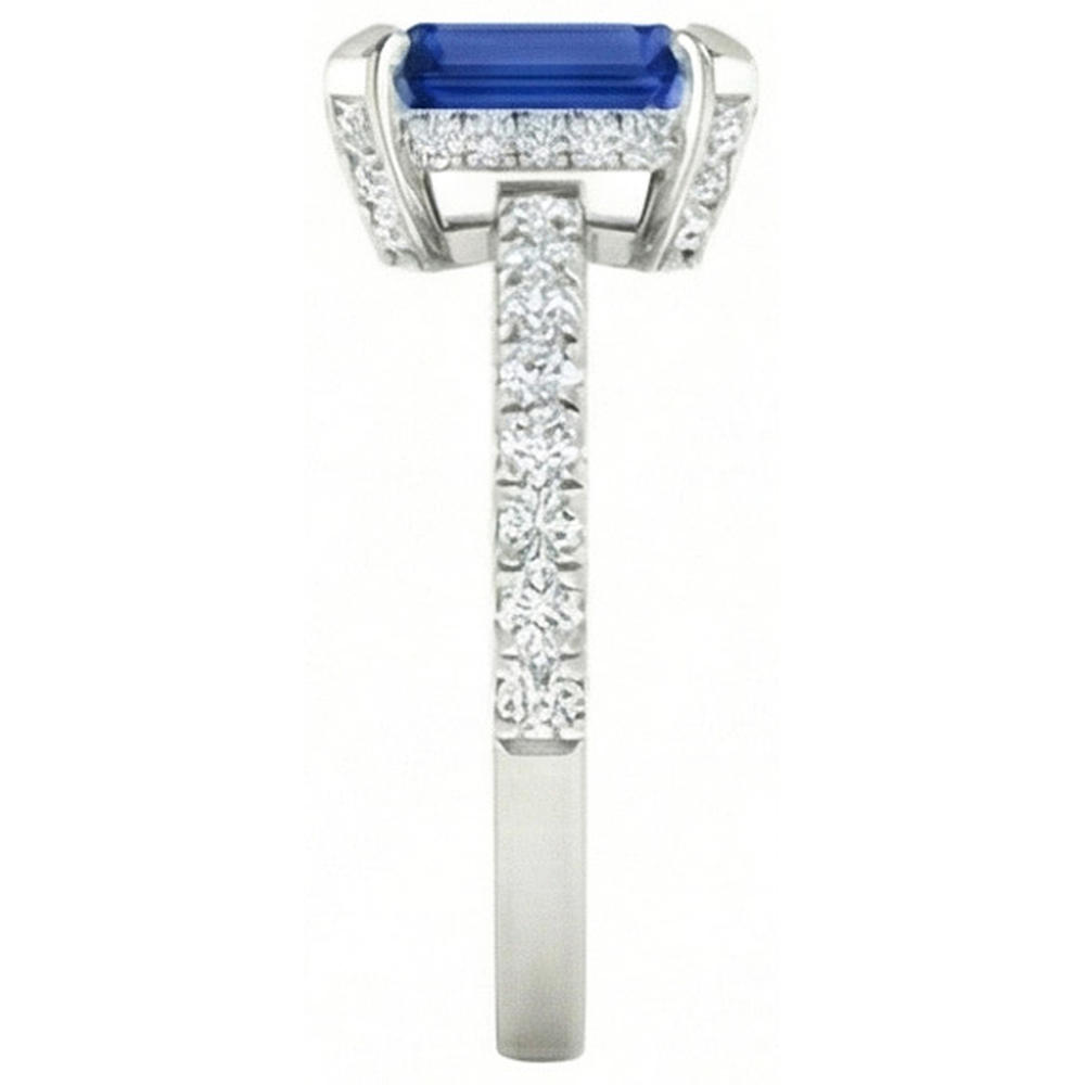 3 Carats Emerald And Round Ceylon Sapphire Natural Earth Mined DIAMOND ( NOT LAB GROWN ) Ring Prong Set