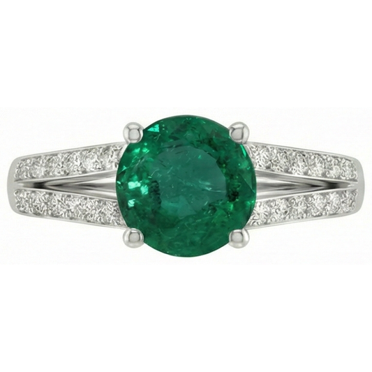 3 Carats Gemstone Round Green Emerald & Natural Earth Mined Diamonds Ring White Gold