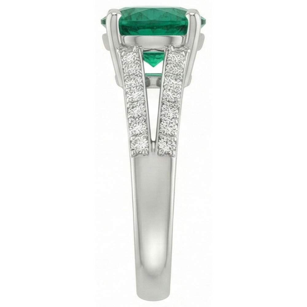3 Carats Gemstone Round Green Emerald & Natural Earth Mined Diamonds Ring White Gold