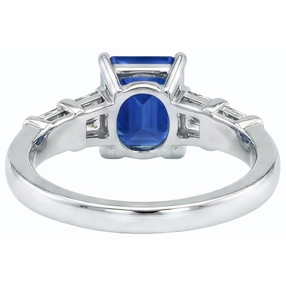 3 Carats Gold Emerald Ceylon Sapphire Ring With Baguette Natural Earth Mined Diamonds