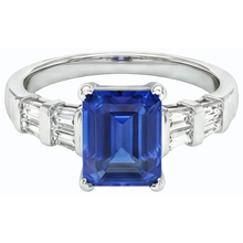 3 Carats Gold Emerald Ceylon Sapphire Ring With Baguette Natural Earth Mined Diamonds