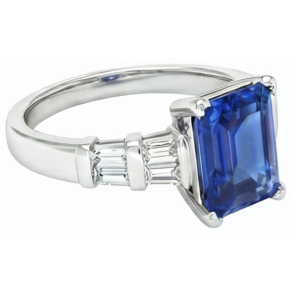 3 Carats Gold Emerald Ceylon Sapphire Ring With Baguette Natural Earth Mined Diamonds