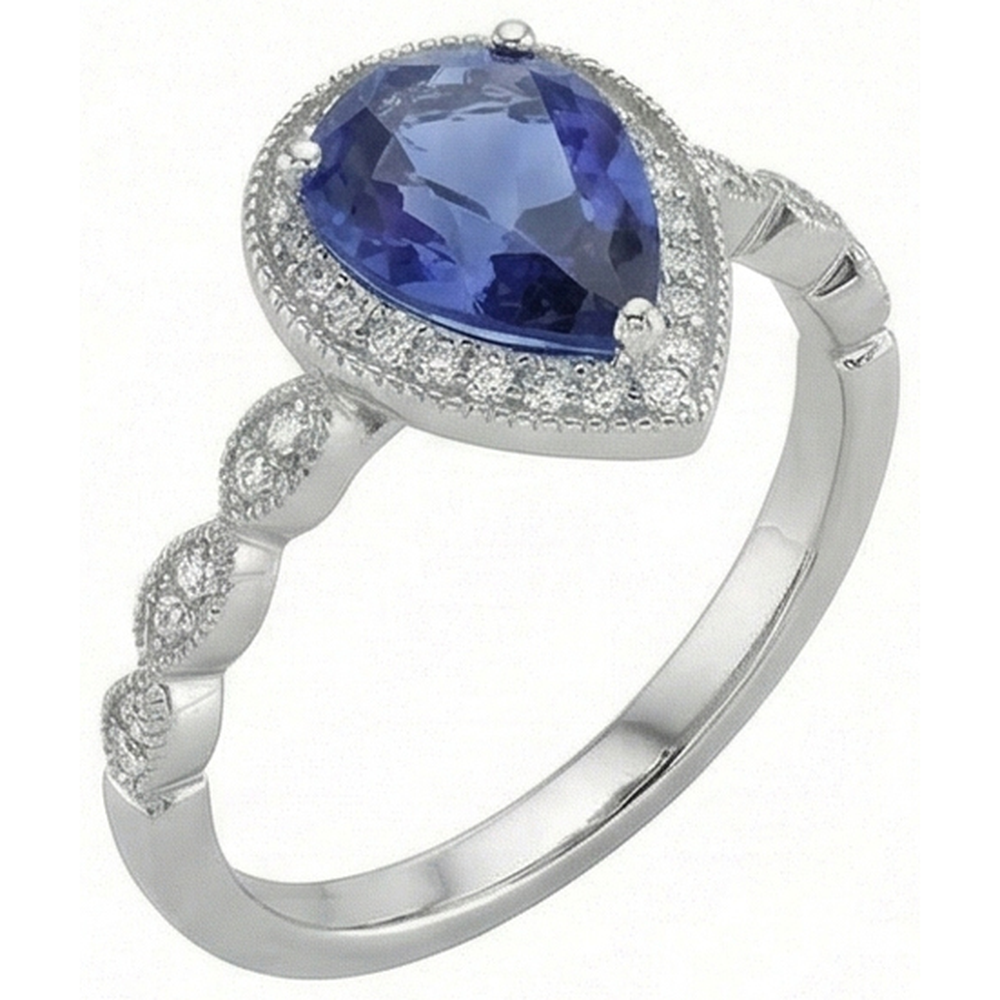 Pear Cut Blue Sapphire ring in 14 Karat White Gold – side view