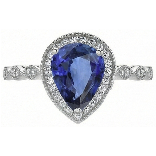 Pear Cut Blue Sapphire ring in 14 Karat White Gold – front view