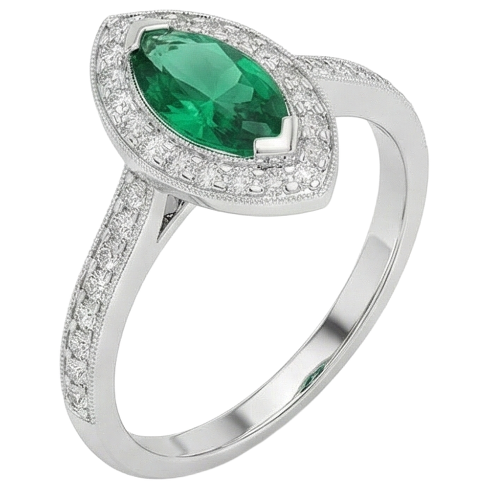 3 Carats Marquise Green Emerald And Natural Earth Mined Diamond Engagement Ring White Gold 14K