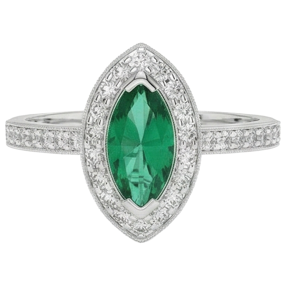 3 Carats Marquise Green Emerald And Natural Earth Mined Diamond Engagement Ring White Gold 14K